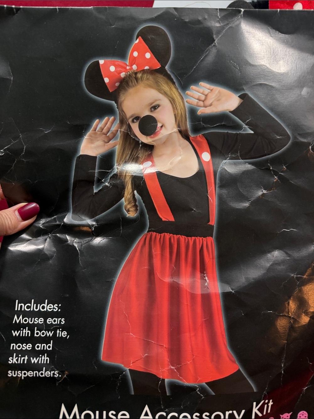 Girls minnie mouse costume RED SKIRT suspenders, black mouse ears, nose, red bow